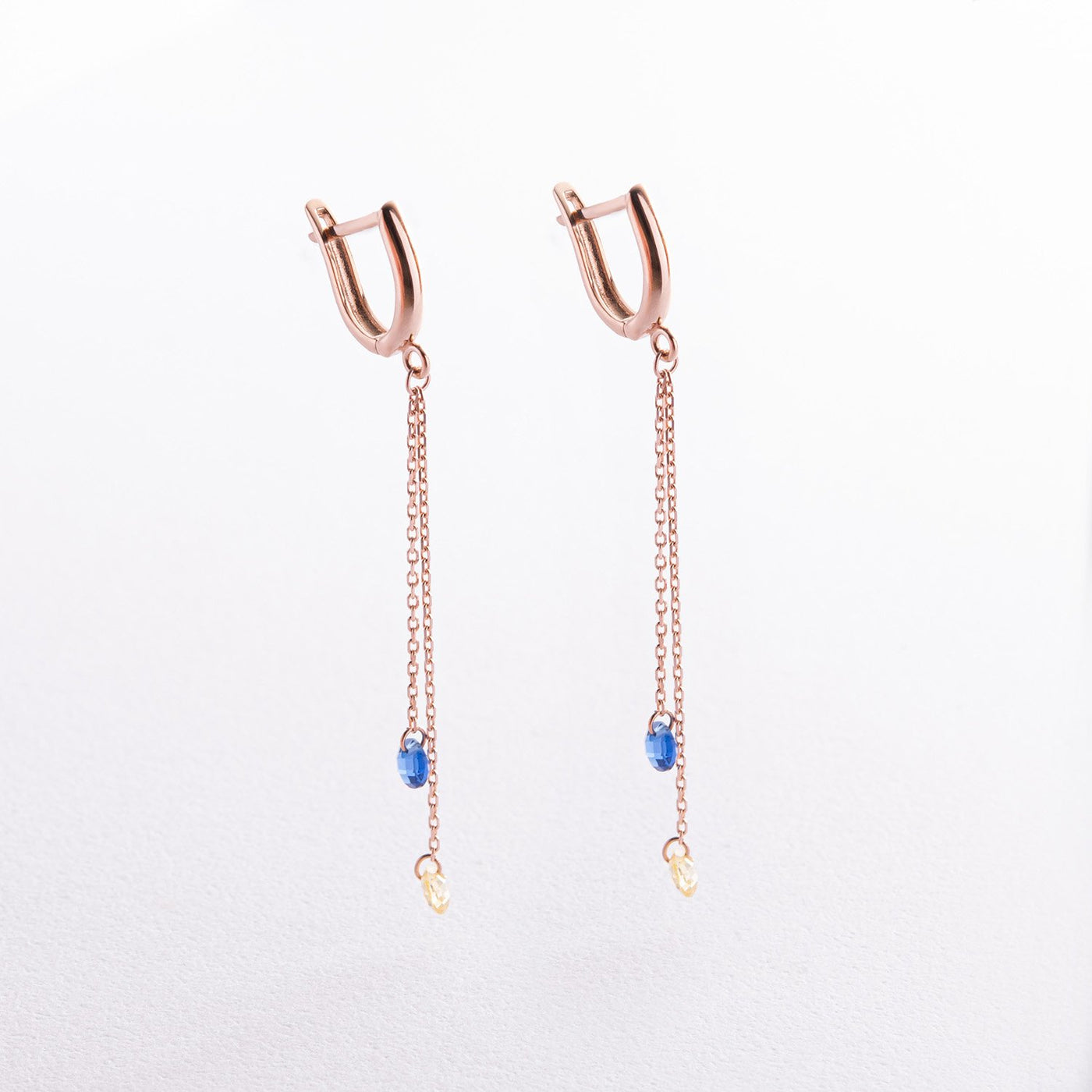 Dangling Gold Earrings "Ukrainian" (blue and yellow cubic zirconia)