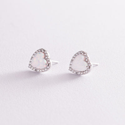 Gold stud earrings Hearts (synthetic opal, cubic zirconia)