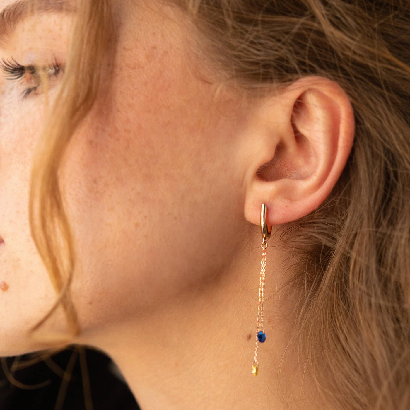 Dangling Gold Earrings "Ukrainian" (blue and yellow cubic zirconia)