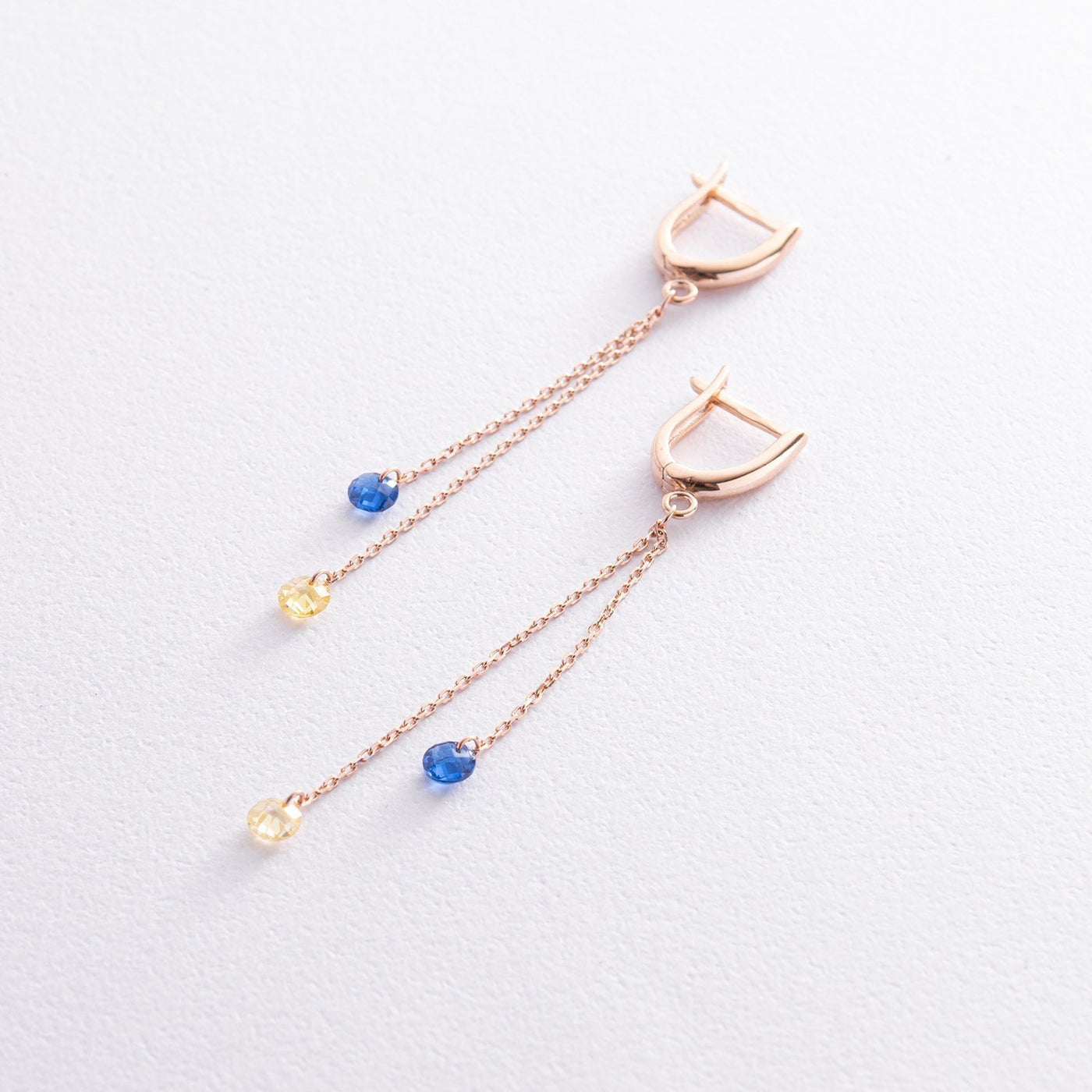 Dangling Gold Earrings "Ukrainian" (blue and yellow cubic zirconia)