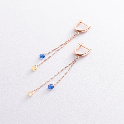 Dangling Gold Earrings "Ukrainian" (blue and yellow cubic zirconia)