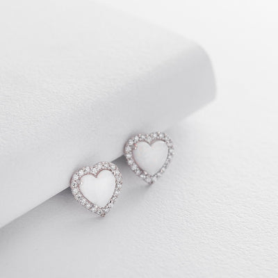 Gold stud earrings Hearts (synthetic opal, cubic zirconia)