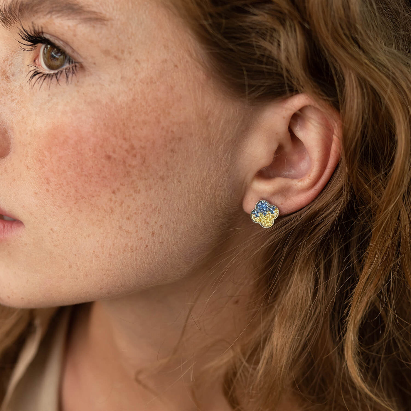 Silver Stud Earrings "Clover" (blue and yellow cubic zirconia)