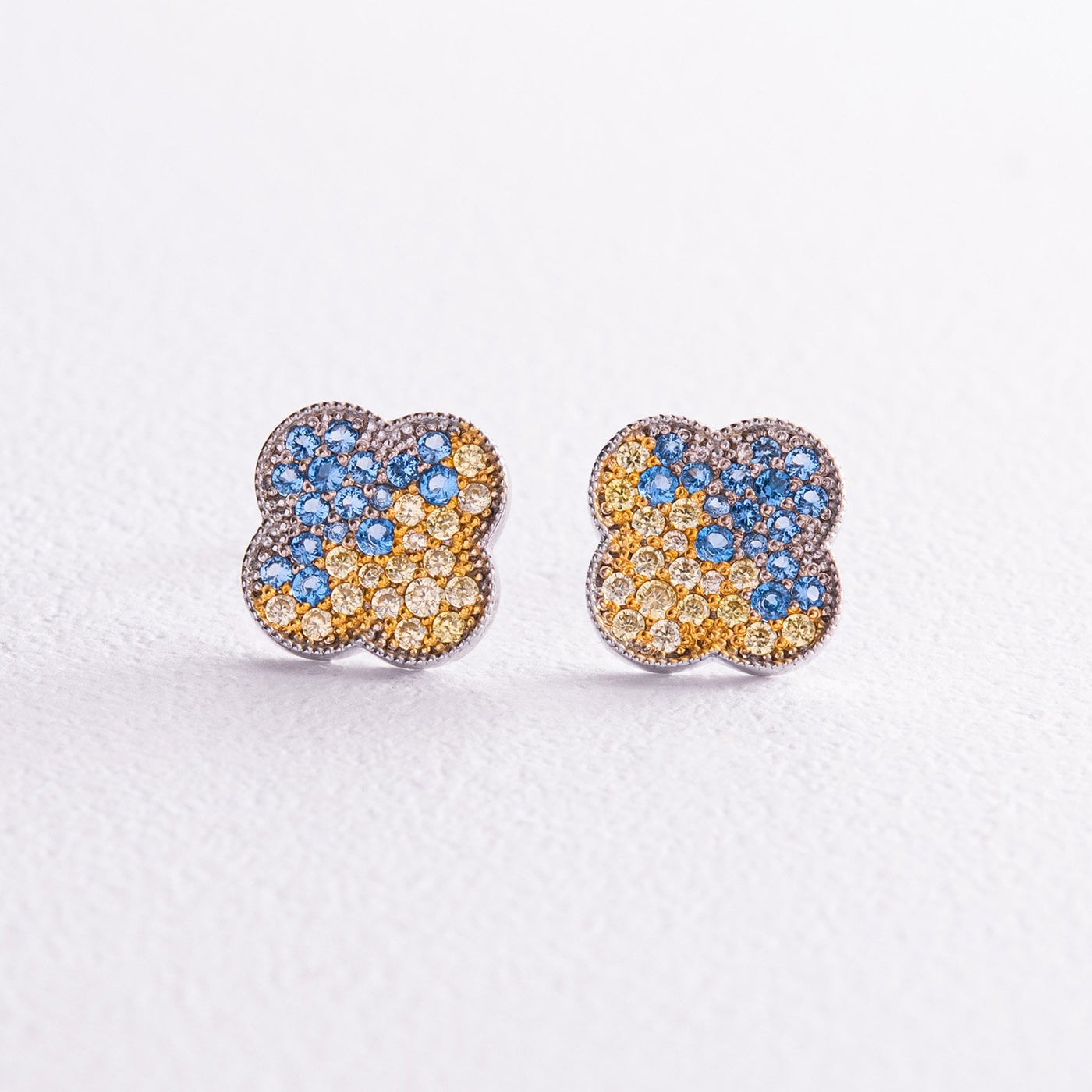 Silver Stud Earrings "Clover" (blue and yellow cubic zirconia)