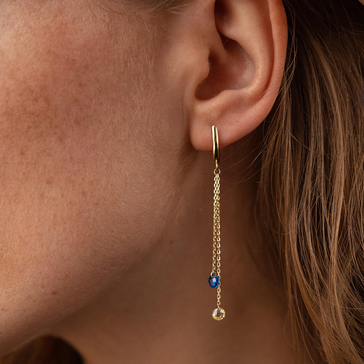 Dangling Gold Earrings "Ukrainian" (blue and yellow cubic zirconia)