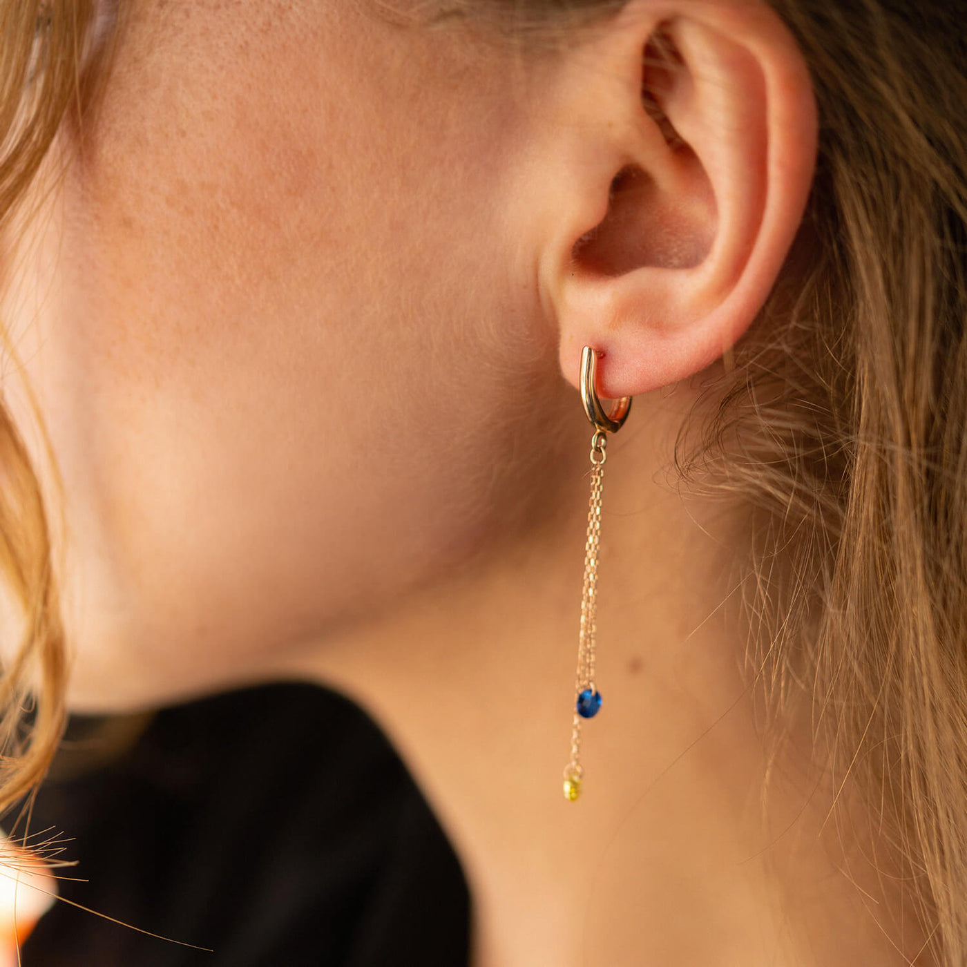 Dangling Gold Earrings "Ukrainian" (blue and yellow cubic zirconia)