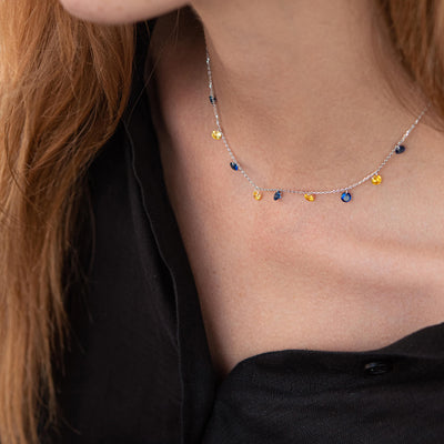 Silver Necklace "Ukrainian" (blue and yellow cubic zirconia)