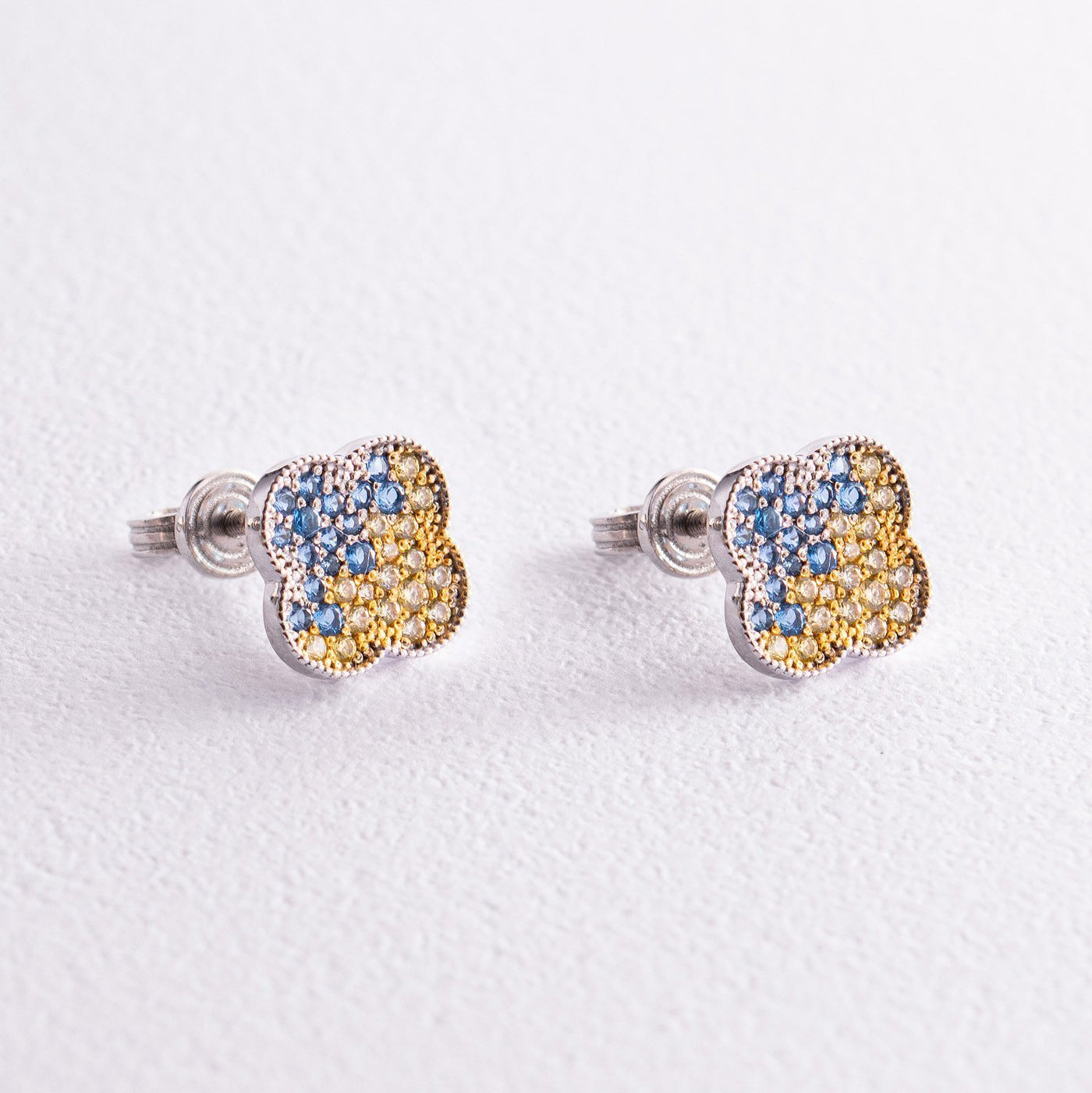 Silver Stud Earrings "Clover" (blue and yellow cubic zirconia)