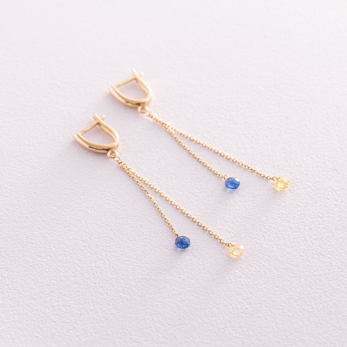 Dangling Gold Earrings "Ukrainian" (blue and yellow cubic zirconia)