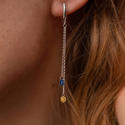 Dangling Gold Earrings "Ukrainian" (blue and yellow cubic zirconia)