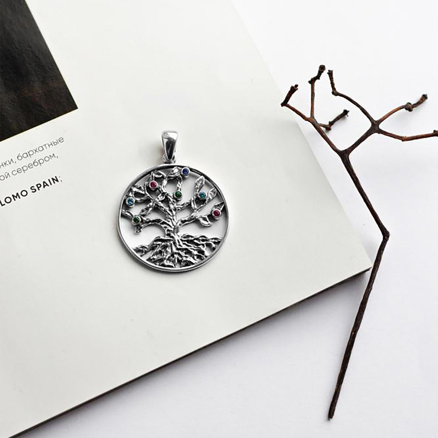 Silver Tree of life pendant with multicolored cubic zirconia