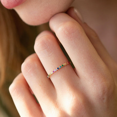 Gold ring with multi-colored cubic zirconia