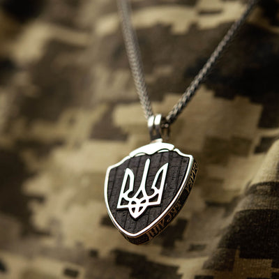 Sterling Silver Pendant "Arms of Ukraine - Trident. Guardian Angel. Glory to Ukraine - Glory to Heroes" with ebony wood