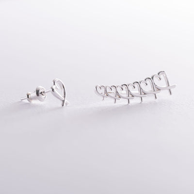 Silver Heart Climber Earrings