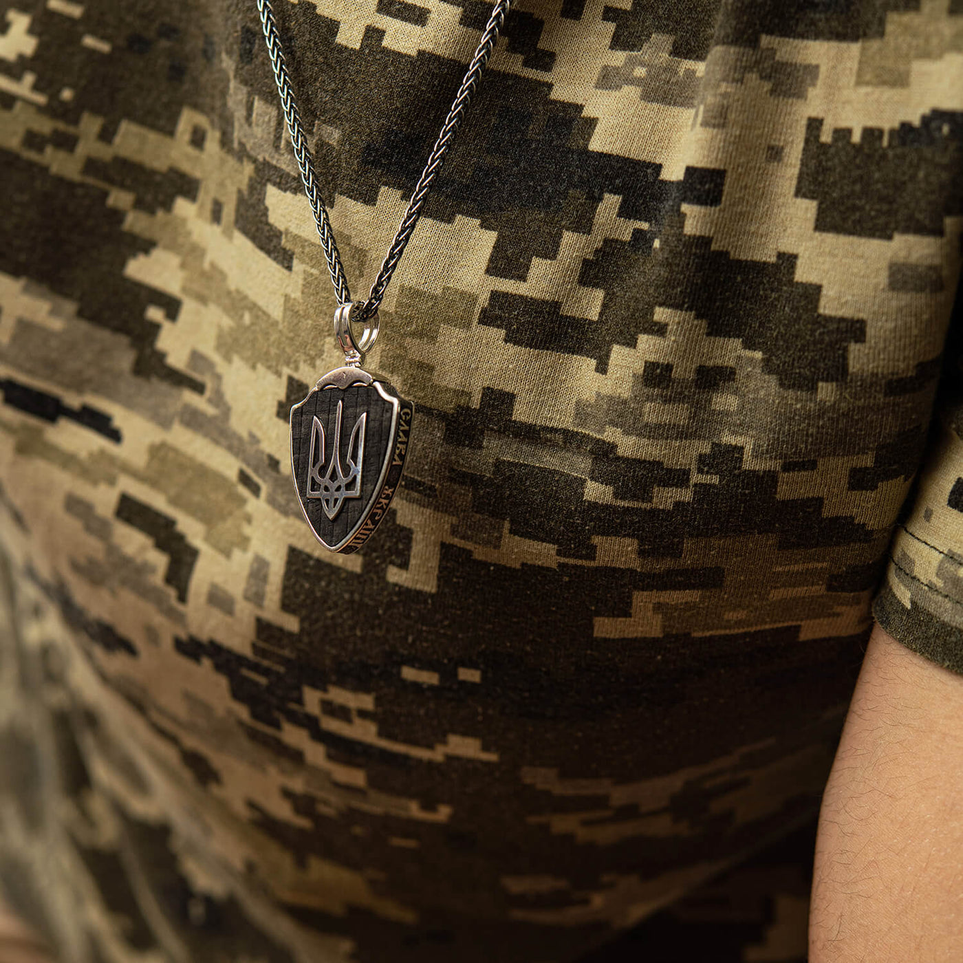 Sterling Silver Pendant "Arms of Ukraine - Trident. Guardian Angel. Glory to Ukraine - Glory to Heroes" with ebony wood