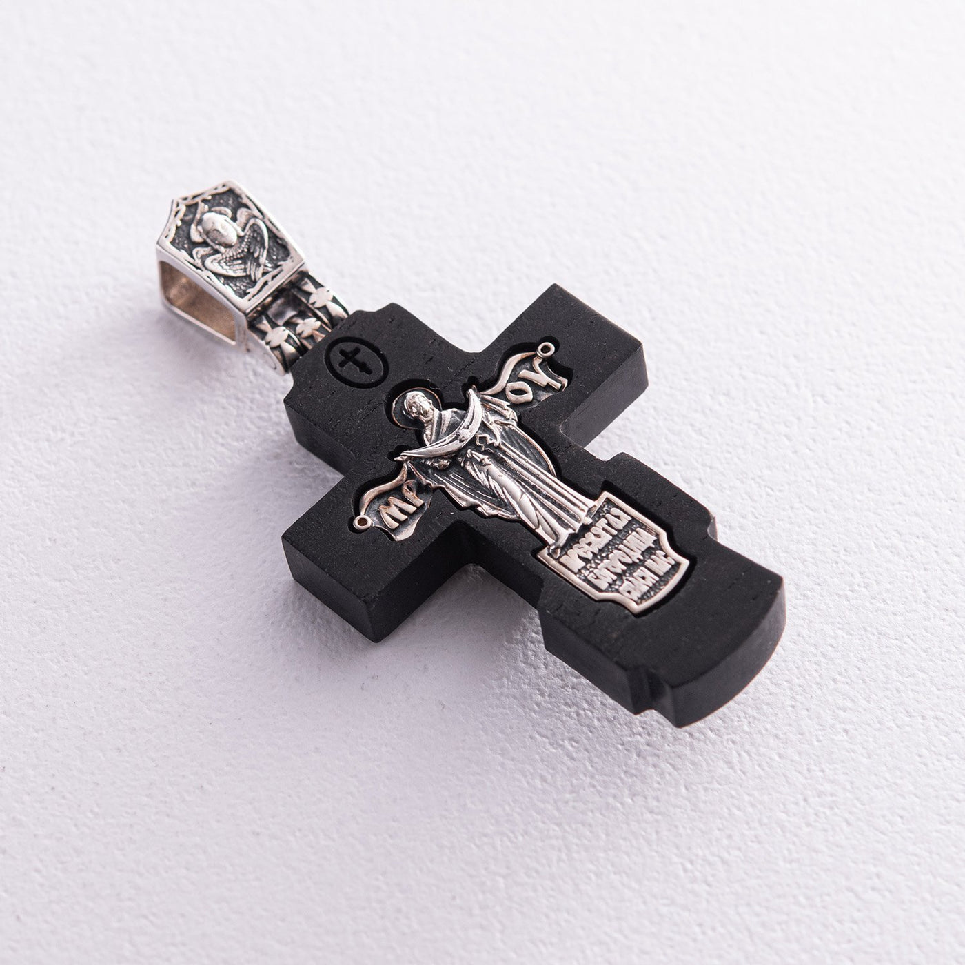 Silver cross "Crucifixion. Save and Protect" with ebony wood