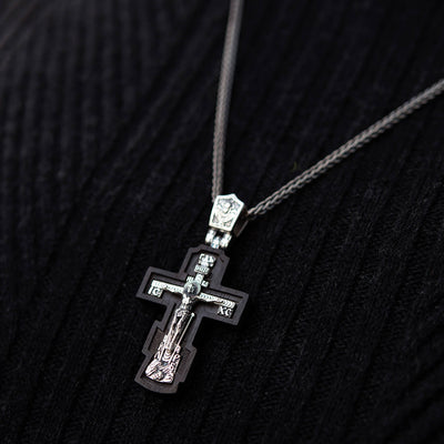 Silver cross "Crucifixion. Save and Protect" with ebony wood