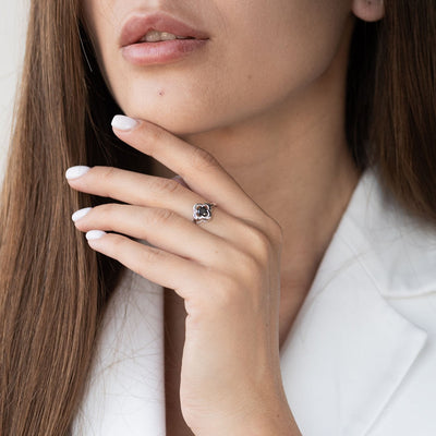 White Gold Clover Ring with Black Cubic Zirconia