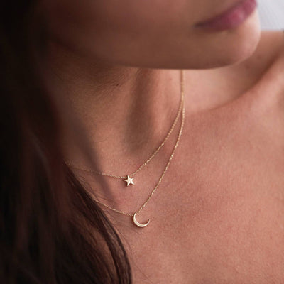 Yellow Gold Star and Moon Necklace