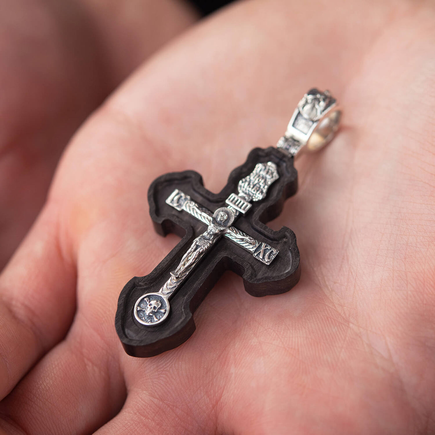 Silver cross "Crucifixion. Save and Protect" with ebony wood