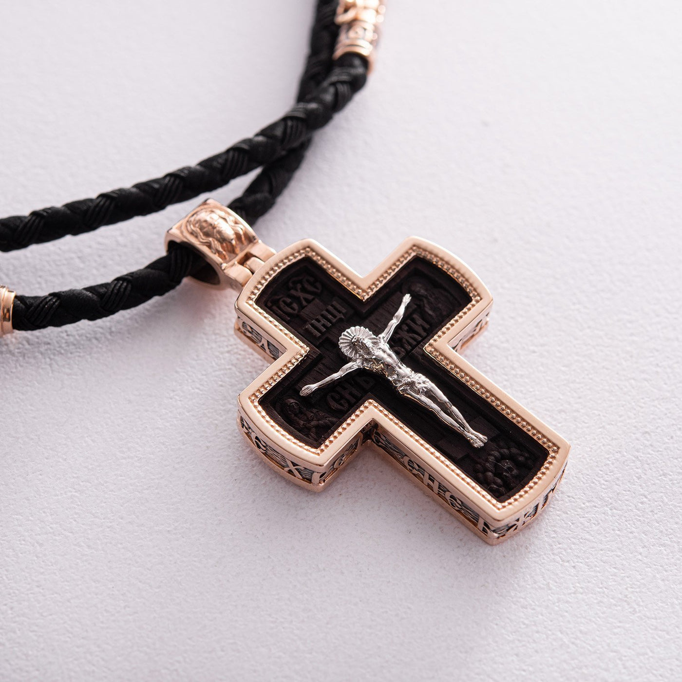 Men's Orthodox cross made of ebony wood and gold "Crucifixion"