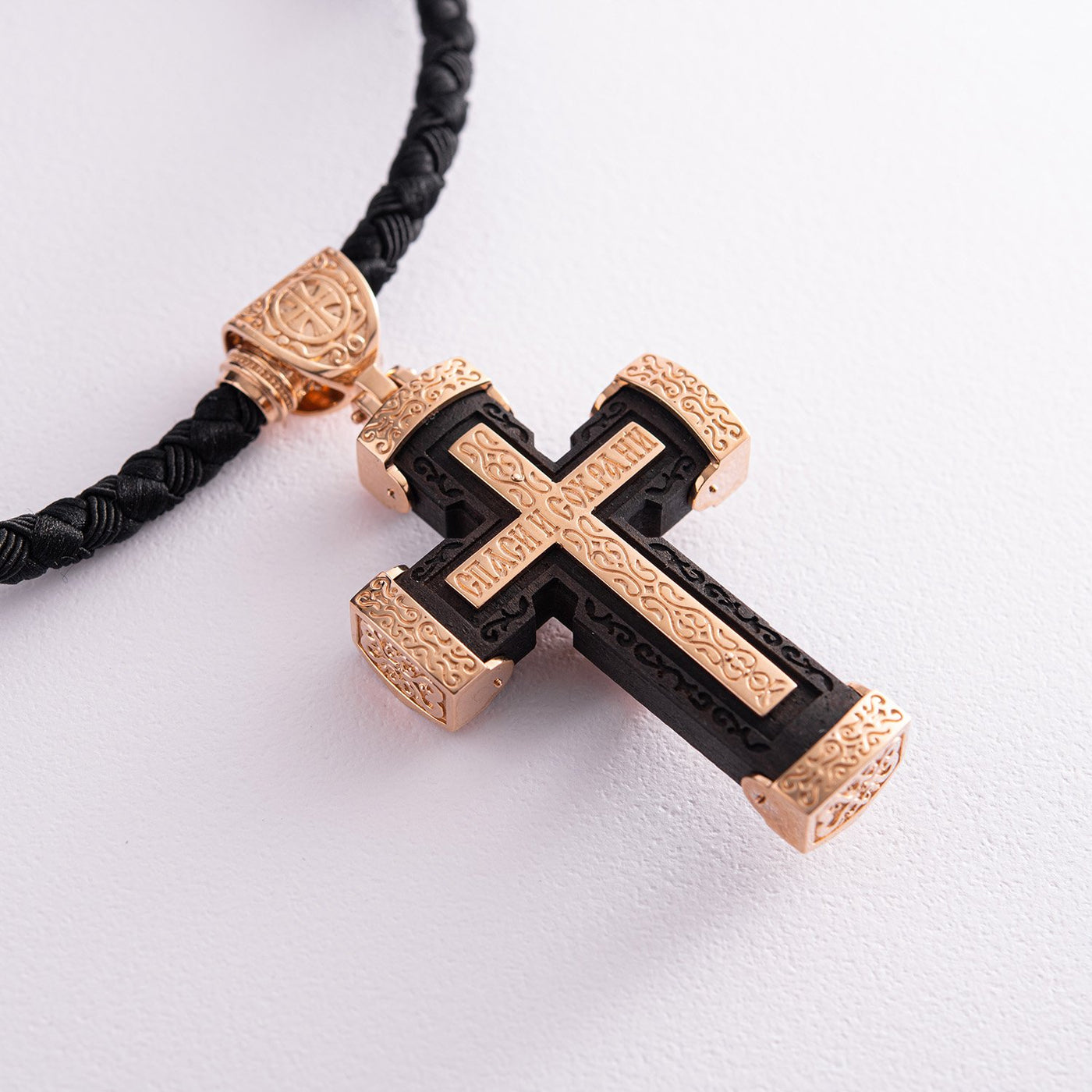 Men's Orthodox cross made of ebony wood and gold "Crucifixion. Save and Protect"