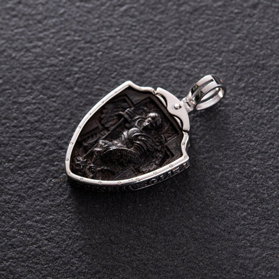 Sterling Silver Pendant "Arms of Ukraine - Trident. Guardian Angel. Glory to Ukraine - Glory to Heroes" with ebony wood