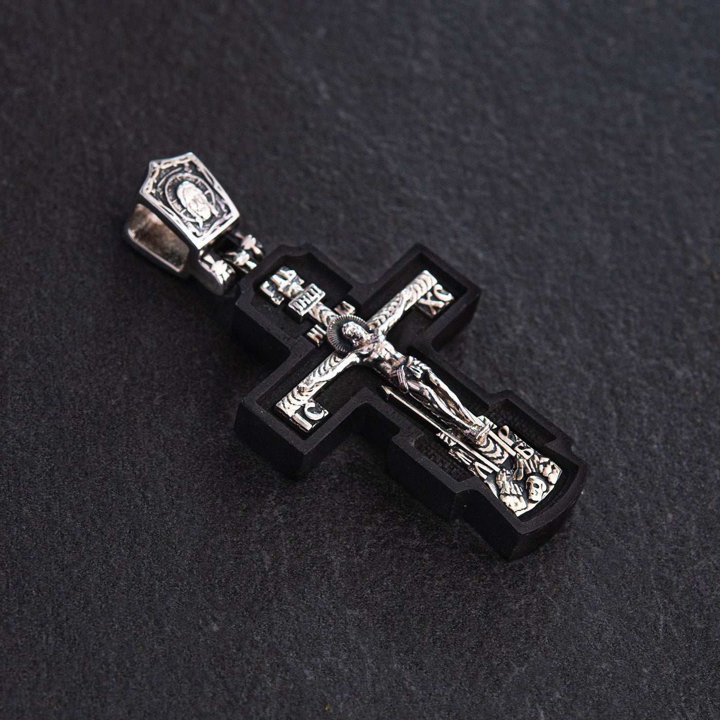 Silver cross "Crucifixion. Save and Protect" with ebony wood