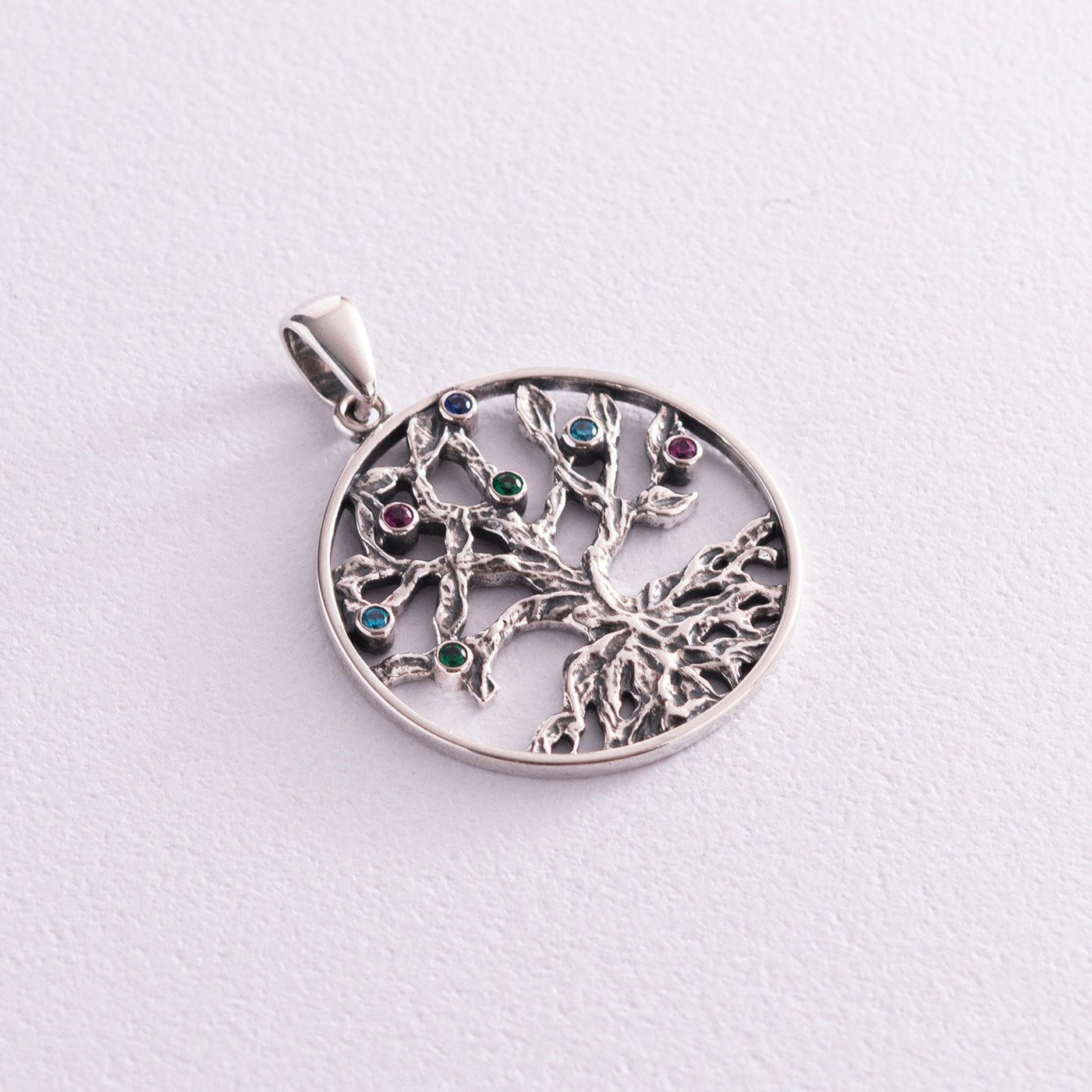 Silver Tree of life pendant with multicolored cubic zirconia