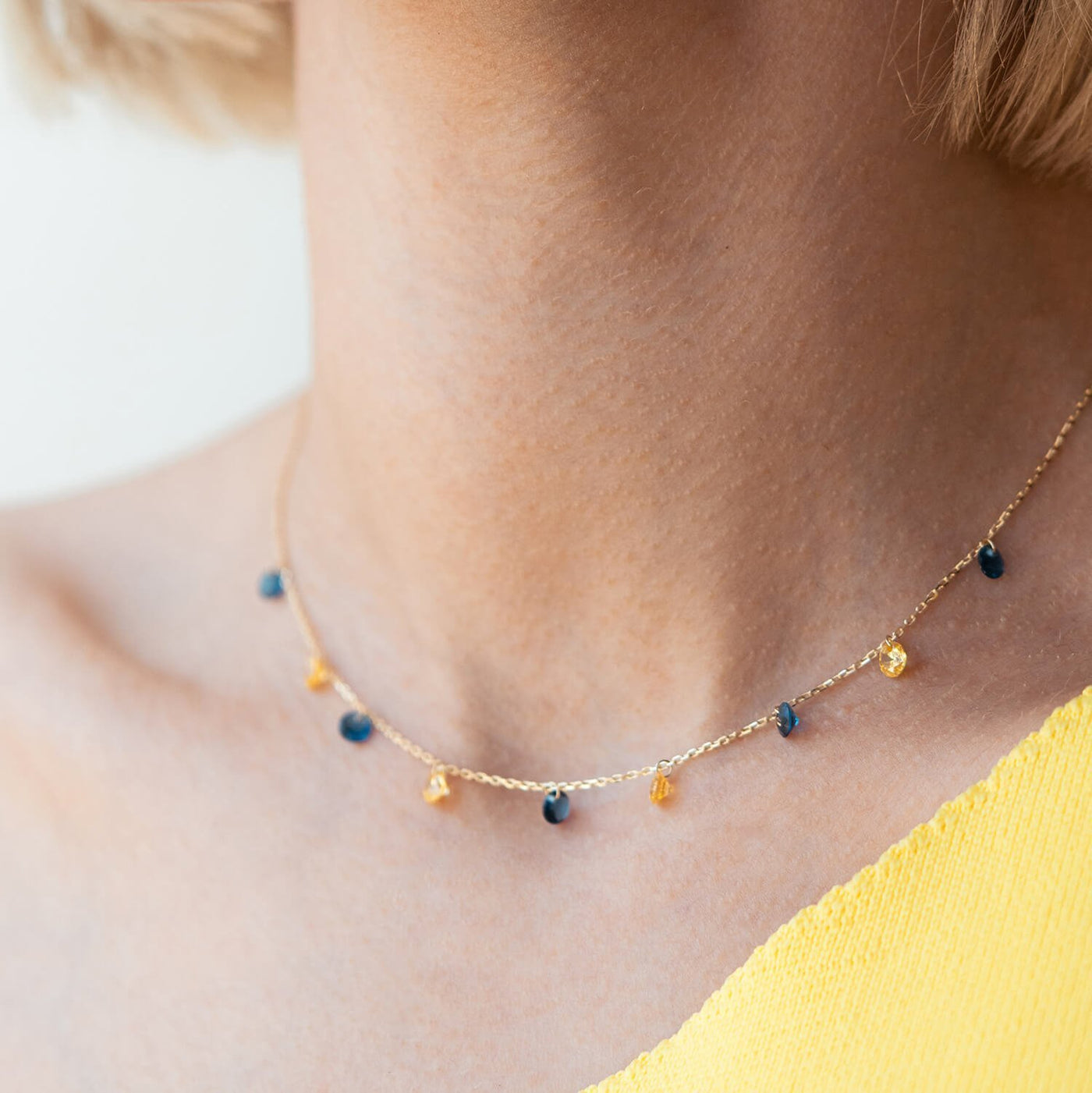 Gold Necklace "Ukrainian" (blue and yellow cubic zirconia)