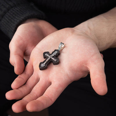 Silver cross "Crucifixion. Save and Protect" with ebony wood