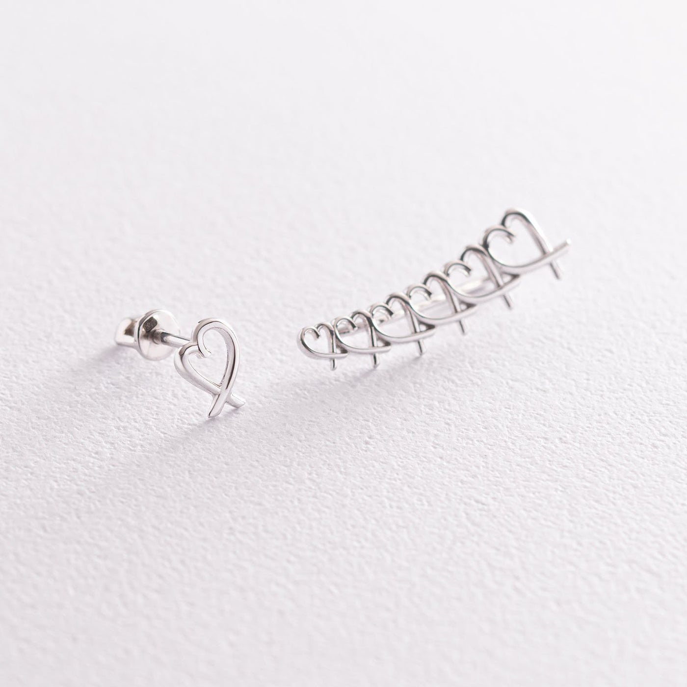 White Gold Heart Climber Earrings