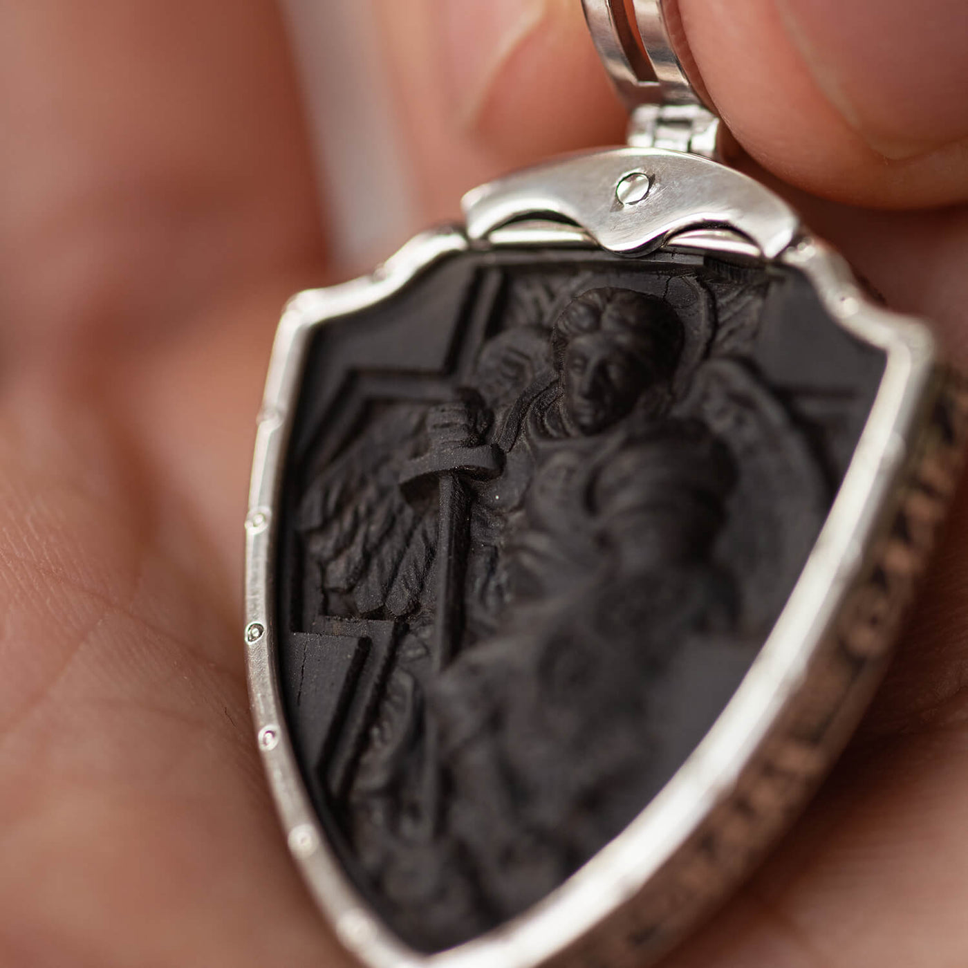 Sterling Silver Pendant "Arms of Ukraine - Trident. Guardian Angel. Glory to Ukraine - Glory to Heroes" with ebony wood