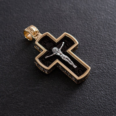 Men's Orthodox cross made of ebony wood and gold "Crucifixion"