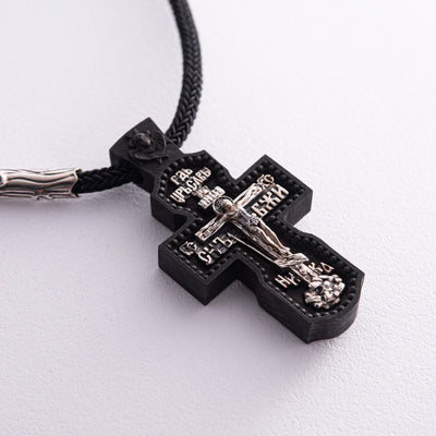 Silver cross "Crucifixion. Save and Protect" on a cord (ebony wood)