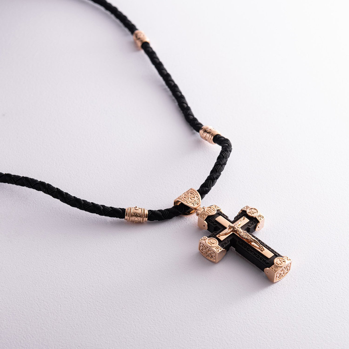 Men's Orthodox cross made of ebony wood and gold "Crucifixion. Save and Protect"