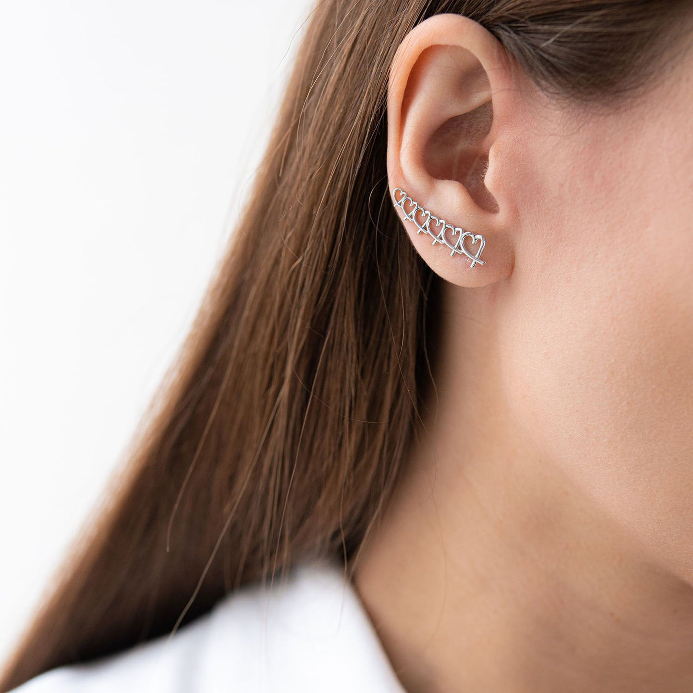 Silver Heart Climber Earrings