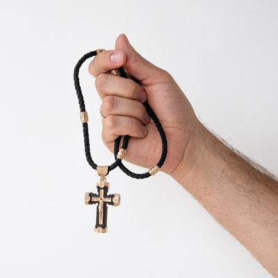 Men's Orthodox cross made of ebony wood and gold "Crucifixion. Save and Protect"