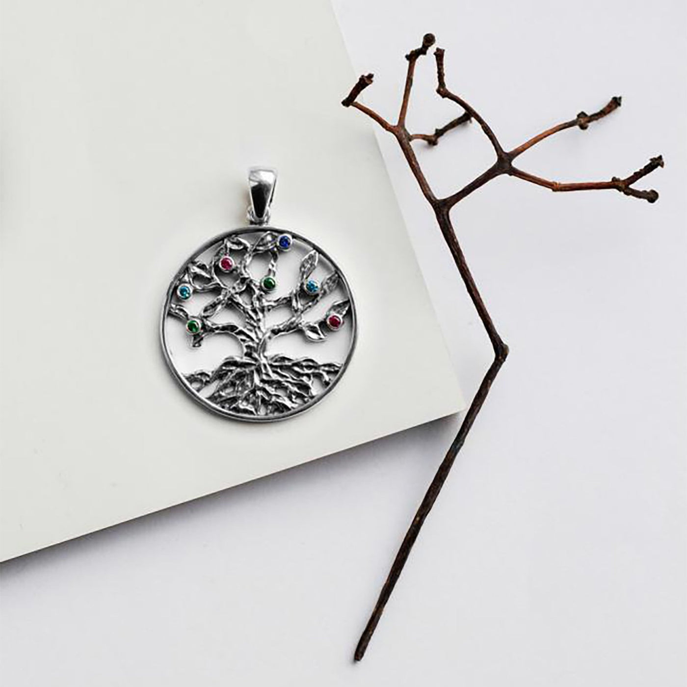 Silver Tree of life pendant with multicolored cubic zirconia