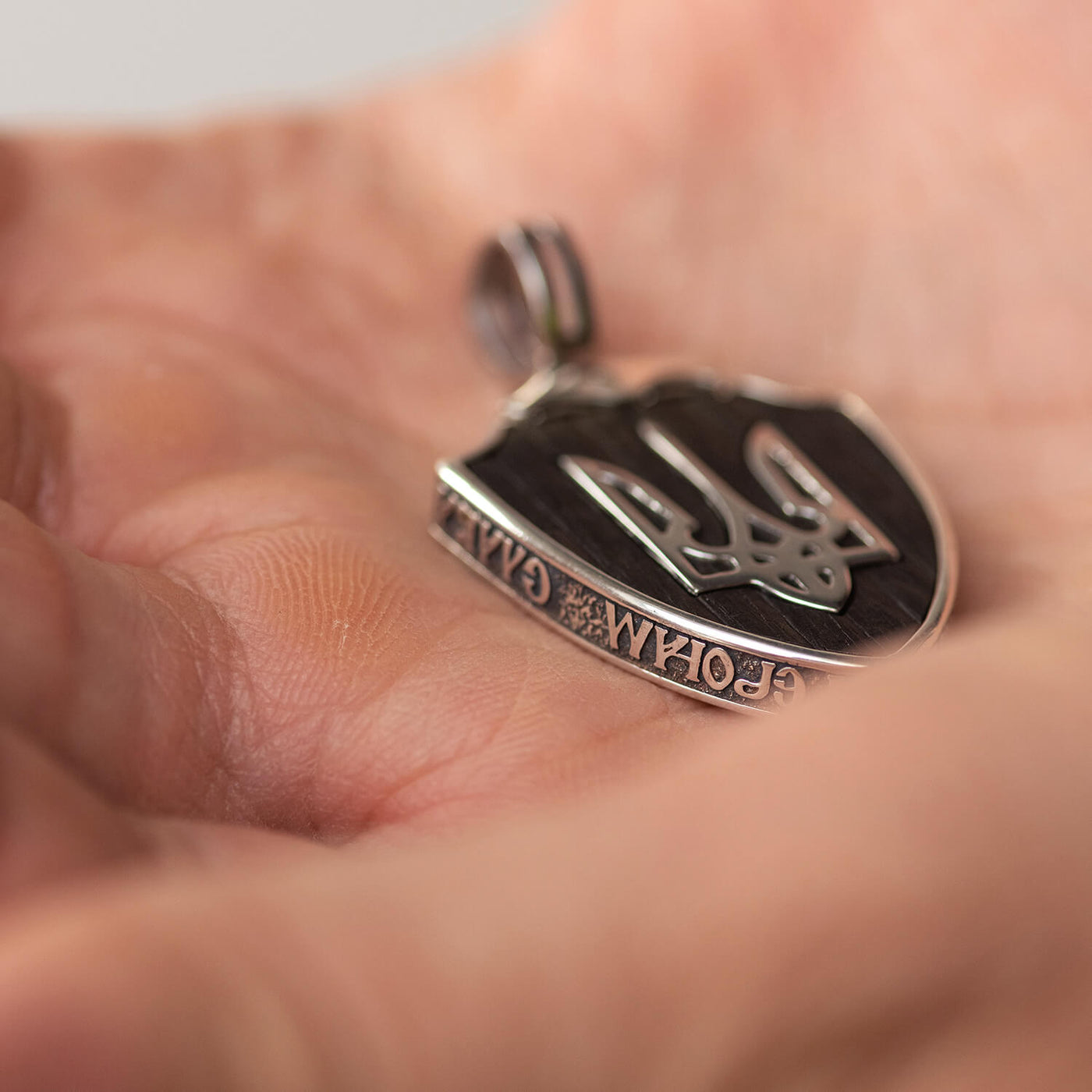 Sterling Silver Pendant "Arms of Ukraine - Trident. Guardian Angel. Glory to Ukraine - Glory to Heroes" with ebony wood