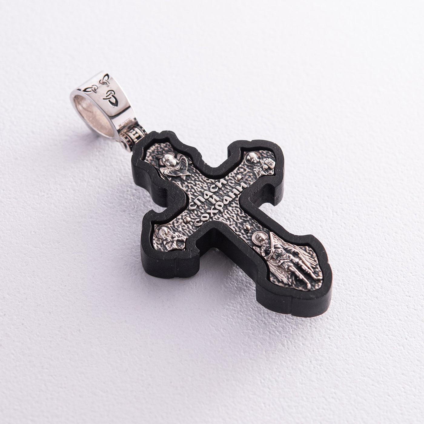 Silver cross "Crucifixion. Save and Protect" with ebony wood