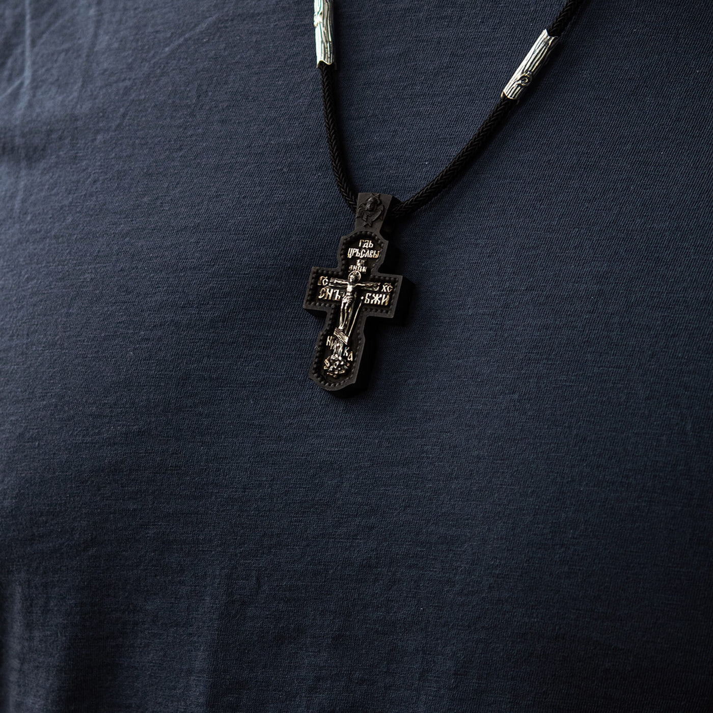 Silver cross "Crucifixion. Save and Protect" on a cord (ebony wood)