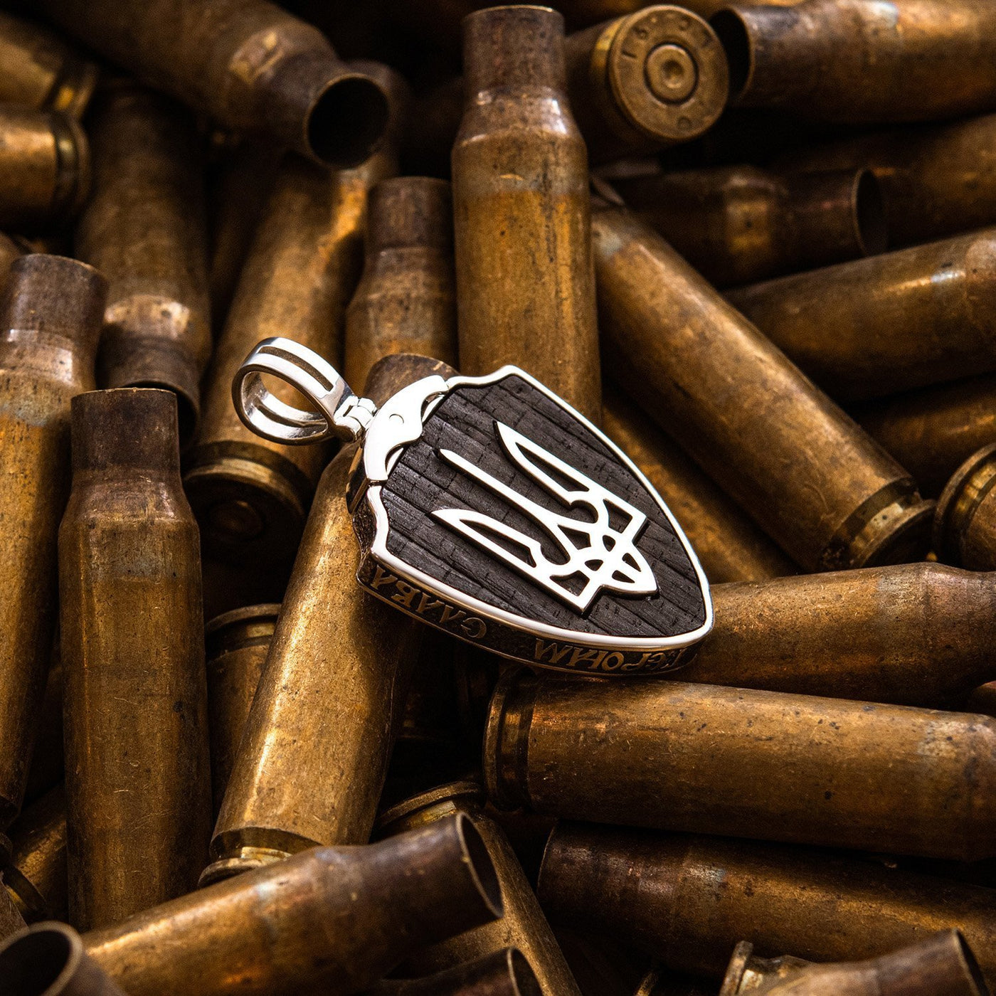 Sterling Silver Pendant "Arms of Ukraine - Trident. Guardian Angel. Glory to Ukraine - Glory to Heroes" with ebony wood