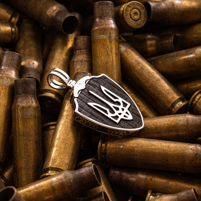 Sterling Silver Pendant "Arms of Ukraine - Trident. Guardian Angel. Glory to Ukraine - Glory to Heroes" with ebony wood