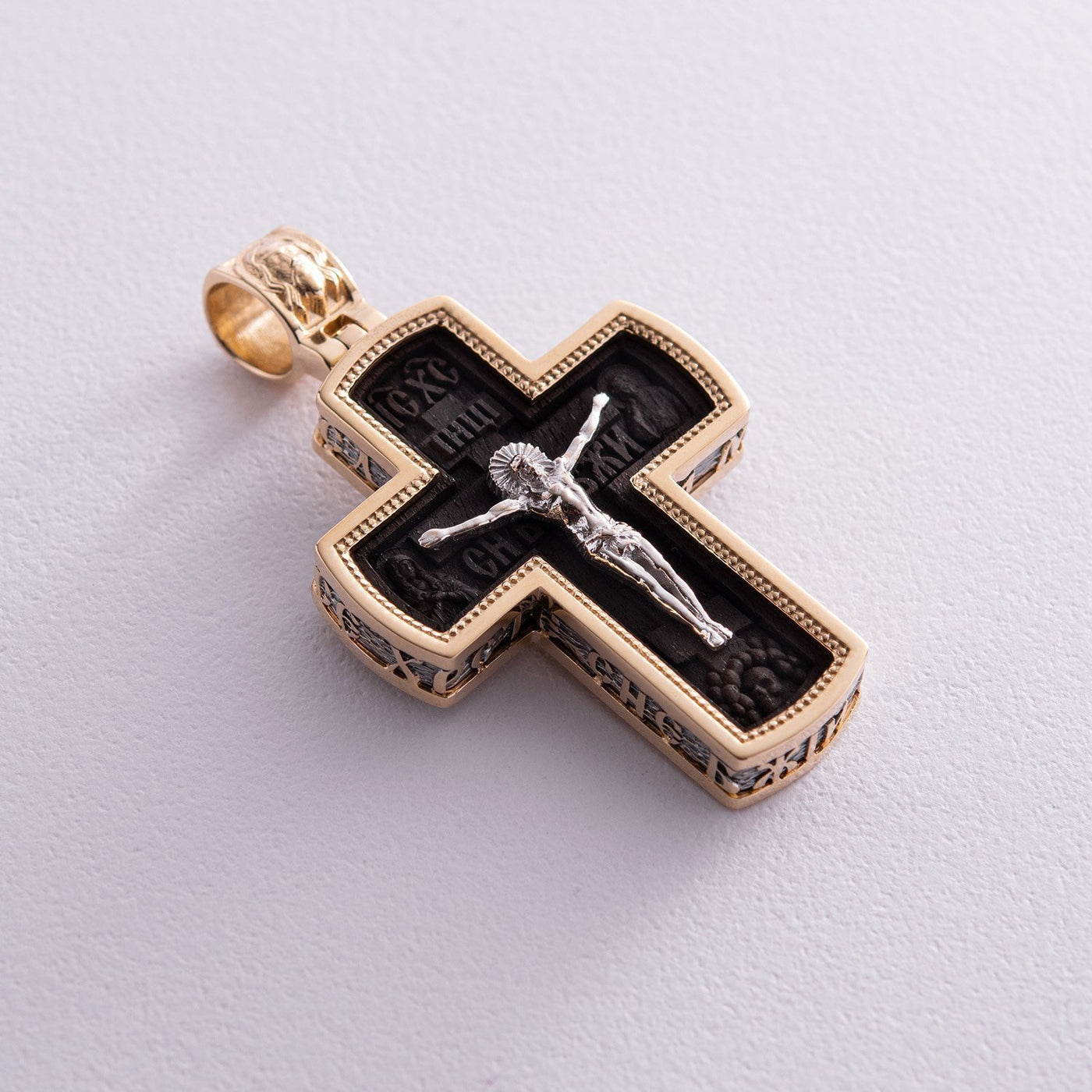 Men's Orthodox cross made of ebony wood and gold "Crucifixion"