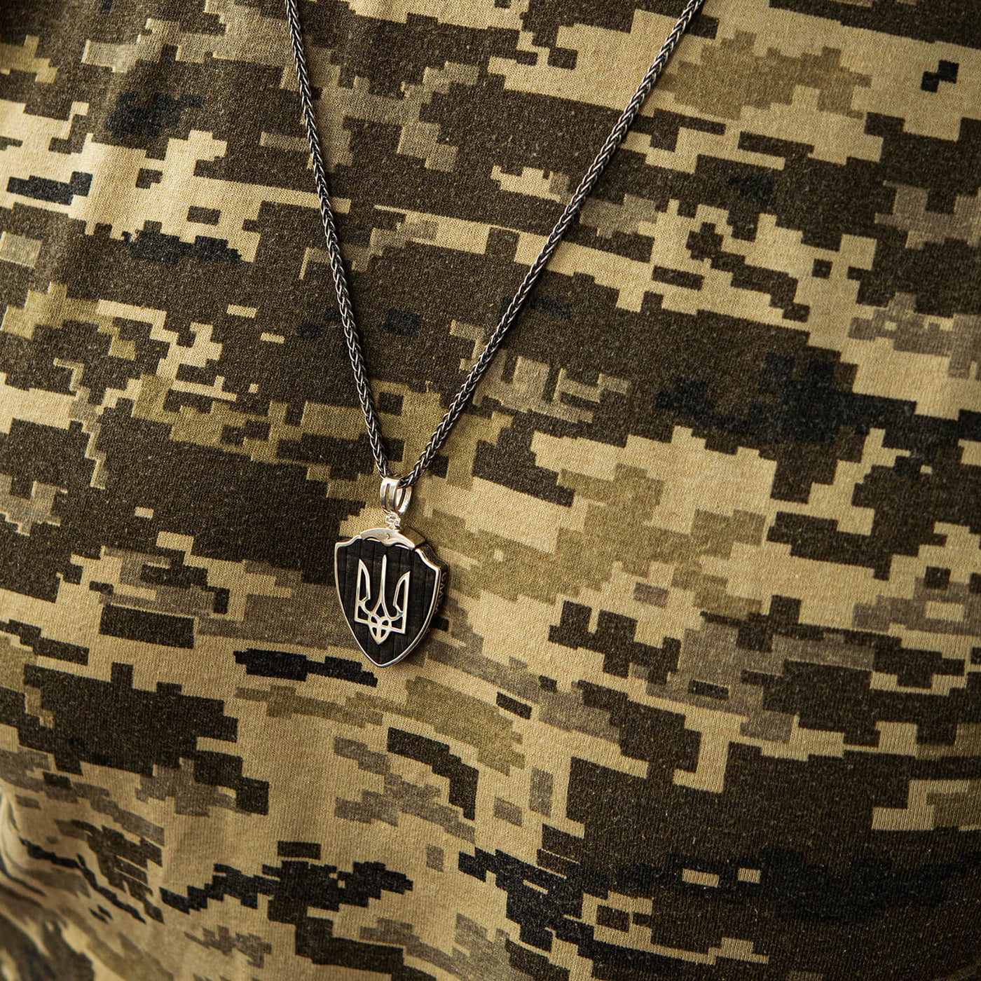 Sterling Silver Pendant "Arms of Ukraine - Trident. Guardian Angel. Glory to Ukraine - Glory to Heroes" with ebony wood