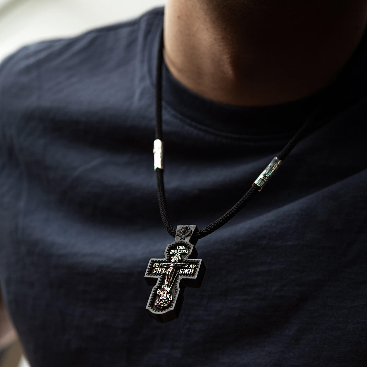 Silver cross "Crucifixion. Save and Protect" on a cord (ebony wood)