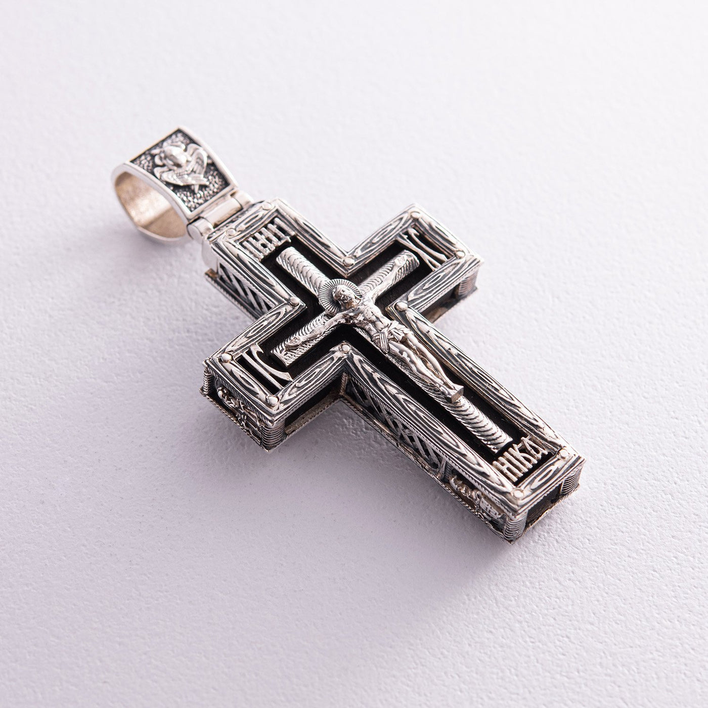 Silver cross "Crucifixion. Save and Protect" with ebony wood