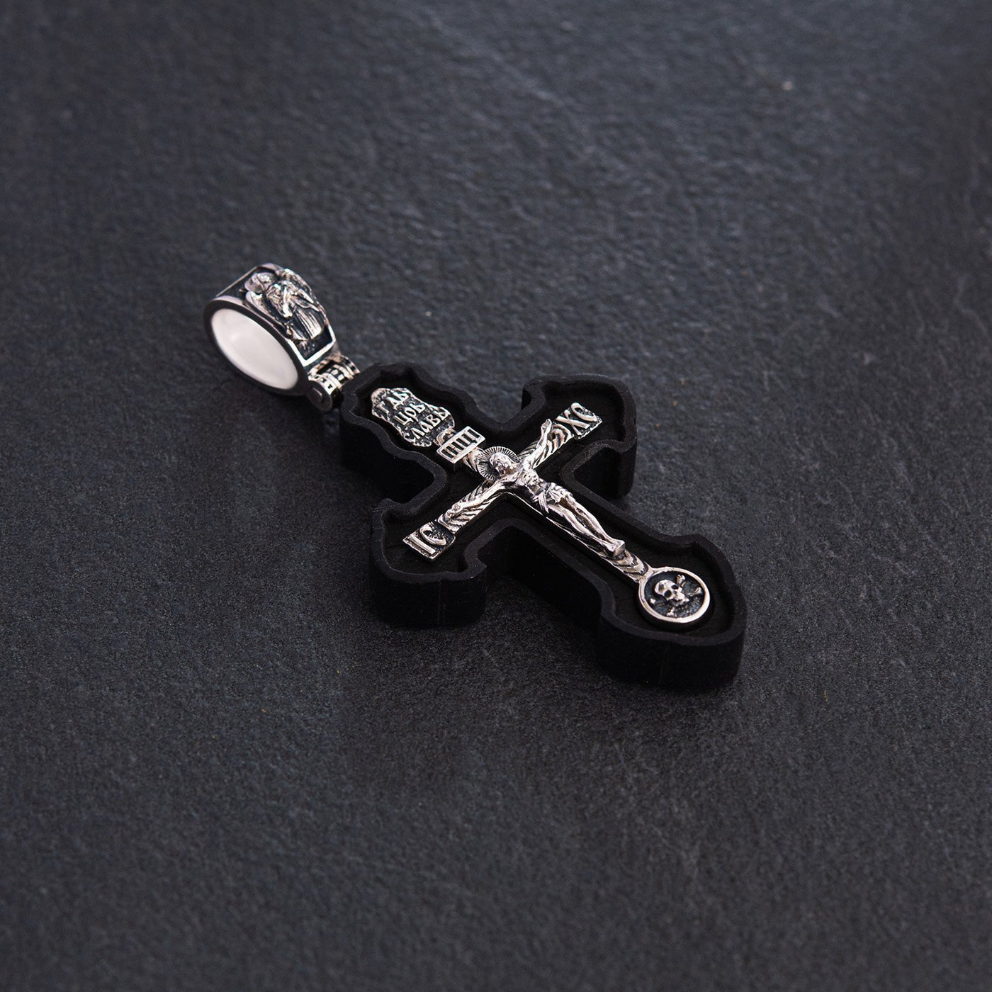 Silver cross "Crucifixion. Save and Protect" with ebony wood