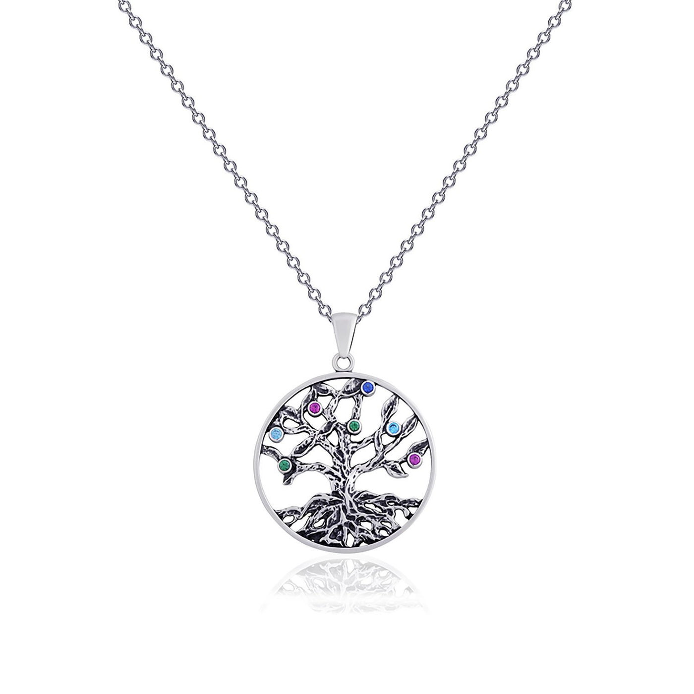 Silver Tree of life pendant with multicolored cubic zirconia